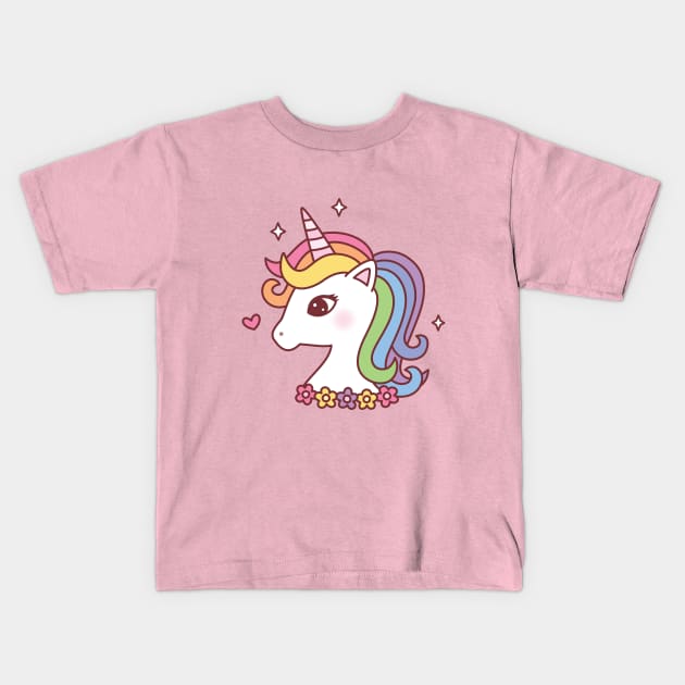 Pretty Unicorn With Rainbow Mane Kids T-Shirt by rustydoodle